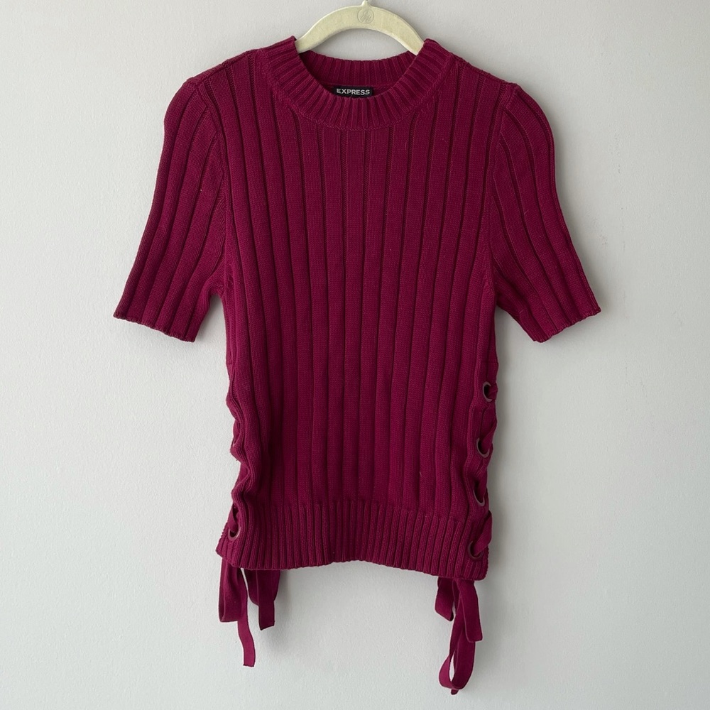 Express Short-Sleeve Knit Side Lace-Up Tie Sweater